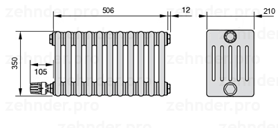 Схема (чертеж) Радиатор Zehnder Charleston 6035/11 №V004 Белый глянцевый RAL 9016